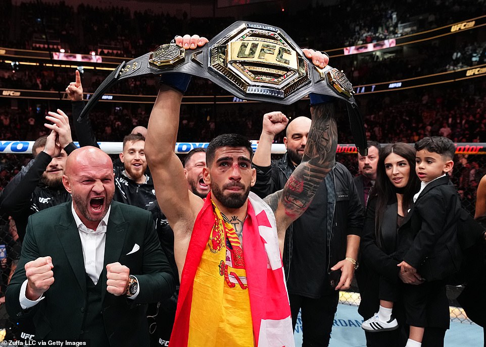 Topuria and his entourage celebrated in the octagon, while his son could also watch