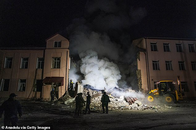 School number 18 is destroyed during a Russian missile attack on Sloviansk, Donetsk Oblast, Ukraine on February 17