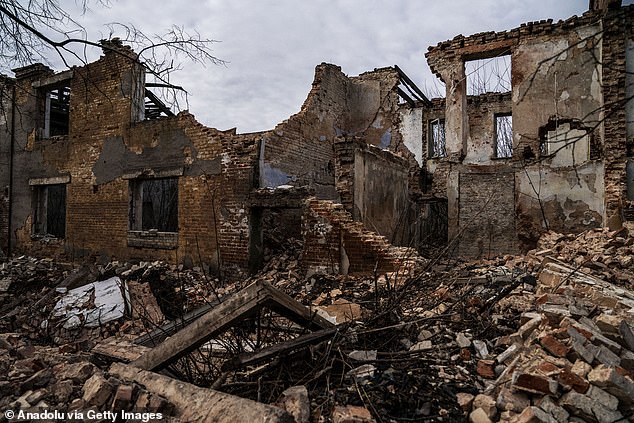 A view of a destroyed building, located near a frontline position, following Russian shelling as the war between Russia and Ukraine continues in Donetsk Oblast, Ukraine on February 16