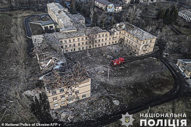 This distribution photo, taken and released by the National Police of Ukraine on February 14, 2024, shows a hospital building destroyed as a result of a rocket attack in Selydove, Donetsk region.