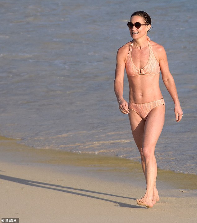 The socialite donned an apricot-colored bikini to enjoy another beach day in St. Barts