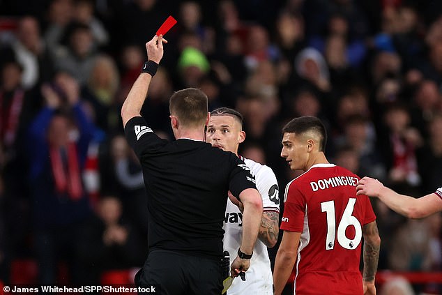 The Manchester City loanee was sent off as David Moyes' side slumped to a 2-0 defeat to Nottingham Forest