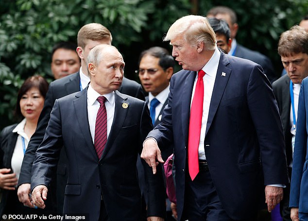 Haley has become increasingly critical of Trump's soft stance on Russia and Putin's empowerment.  Pictured: Trump and Putin speaking at the APEC Leaders' Summit in Vietnam on November 11, 2017