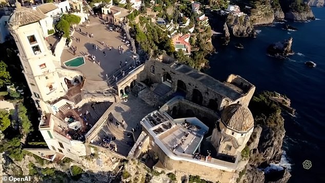 Sora was tasked with 'a drone camera circling a beautiful historic church built on a rocky outcrop along the Amalfi Coast' to create this video