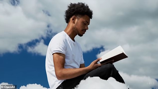 'A young man in his twenties sits on a cloud in the sky reading a book'