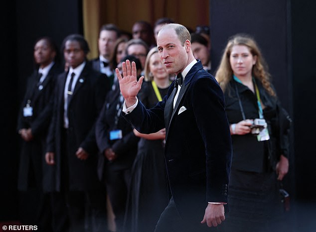 A wave of Wills: Prince William pictured at the 2024 BAFTAs;  the royal, who has been president of the Academy since 2010, was pictured tonight chatting to the crowd gathered at the Royal Festival Hall