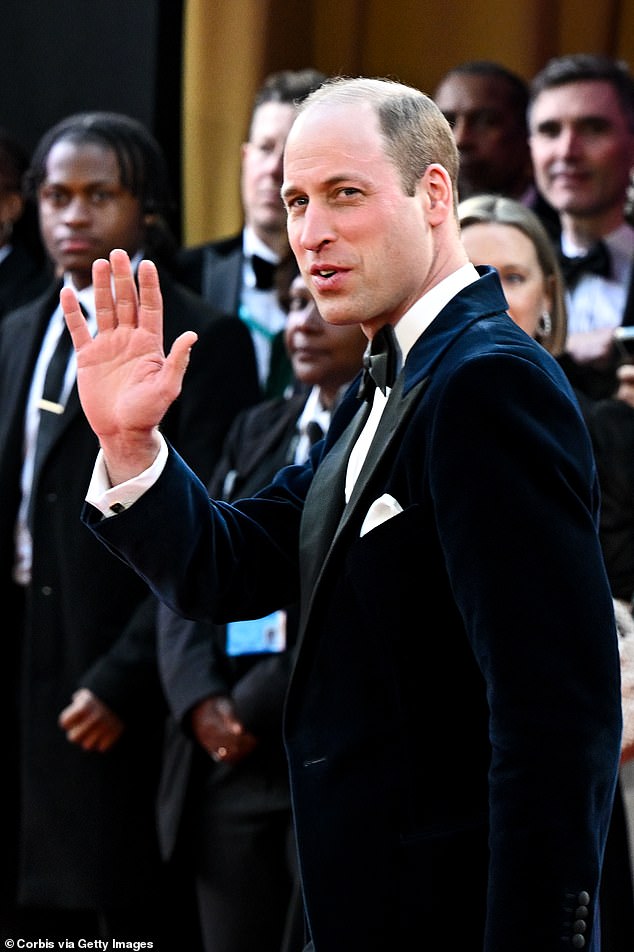 A dapper prince: William waves to well-wishers;  hundreds gathered at the event to catch a glimpse of the royal family and some of the film industry's biggest stars