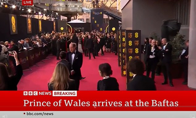 BBC footage of Prince William arriving at the Royal Festival Hall;  the prince is present without Kate Middleton, who is still recovering from surgery at home