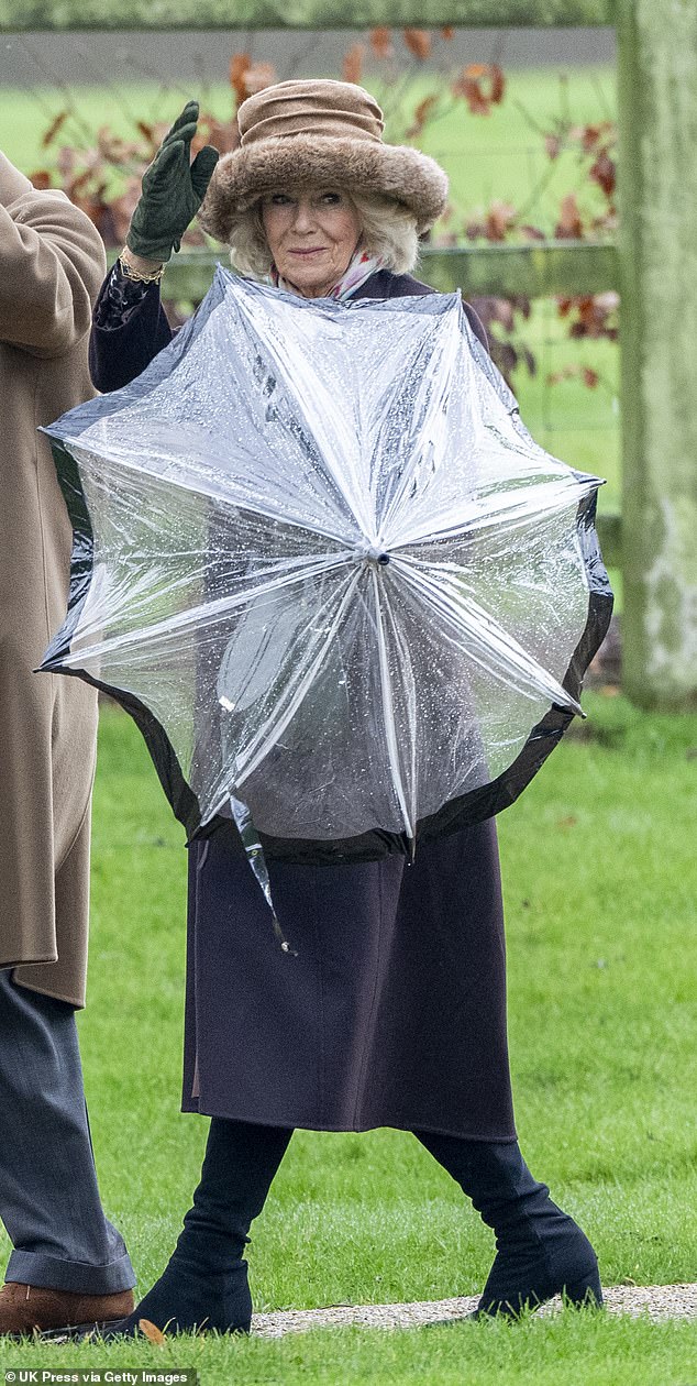 Queen Camilla attends Sunday service today at the Church of St. Mary Magdalene