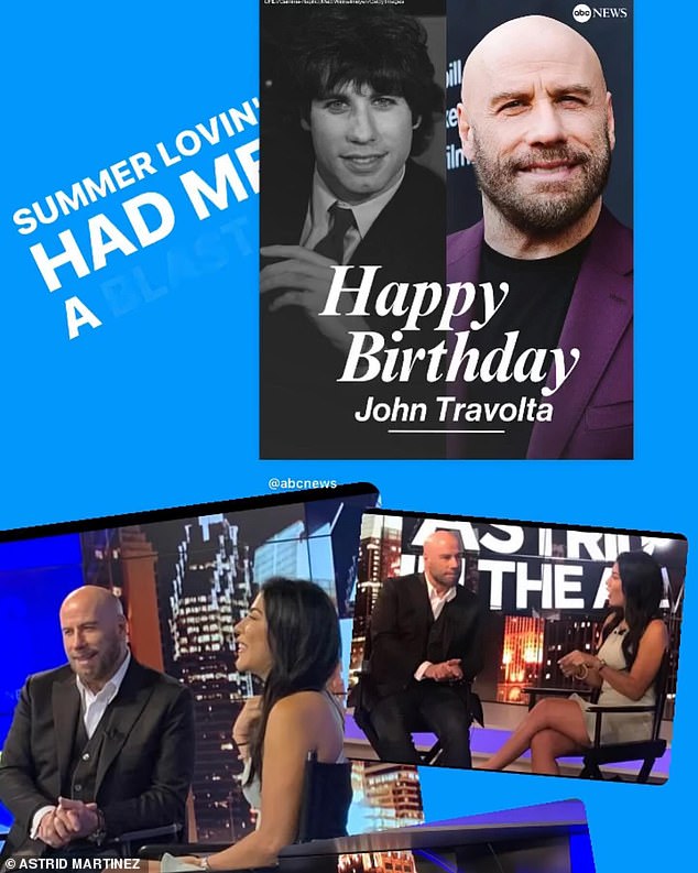 Former CBS Weekend News correspondent Astrid Martinez also shared wishes for the Face/Off actor's big birthday.  She captioned the post: “John Travolta's portrayal of Danny Zuko in the film Grease ranks as one of the most memorable characters in movie history.  Definitely one of my favorite musicals of all time.  I wish him a happy 70th birthday!'