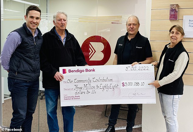 The community banking program is based on a 'profit-with-purpose' model, with profits regularly returned to the local community (photo: Mr Steele and the bank's contribution to the community over the years)