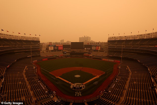 New York's Yankee Stadium pictured in hazy conditions ahead of a game between the New York Yankees and the Chicago White Sox, which has since been postponed due to poor air quality