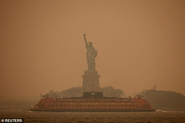 Manhattanites could barely see the Statue of Liberty across the Hudson River due to poor visibility