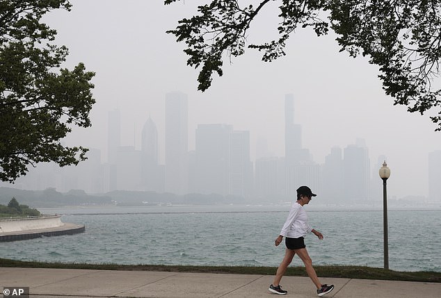 Chicago's skyline is covered in haze from the Canadian wildfires, as seen from Solidarity Drive, amid heavy smog from the Canadian wildfires