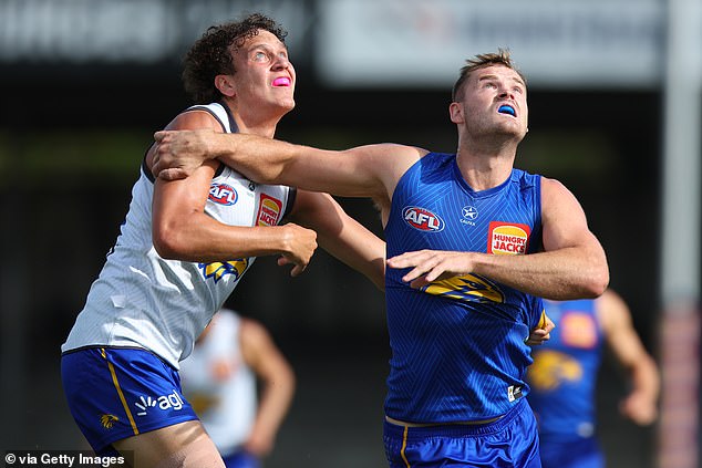 The Eagles' Matt Flynn contests the ruck during the West Coast Eagles AFL Intra Club match at Mineral Resources Park