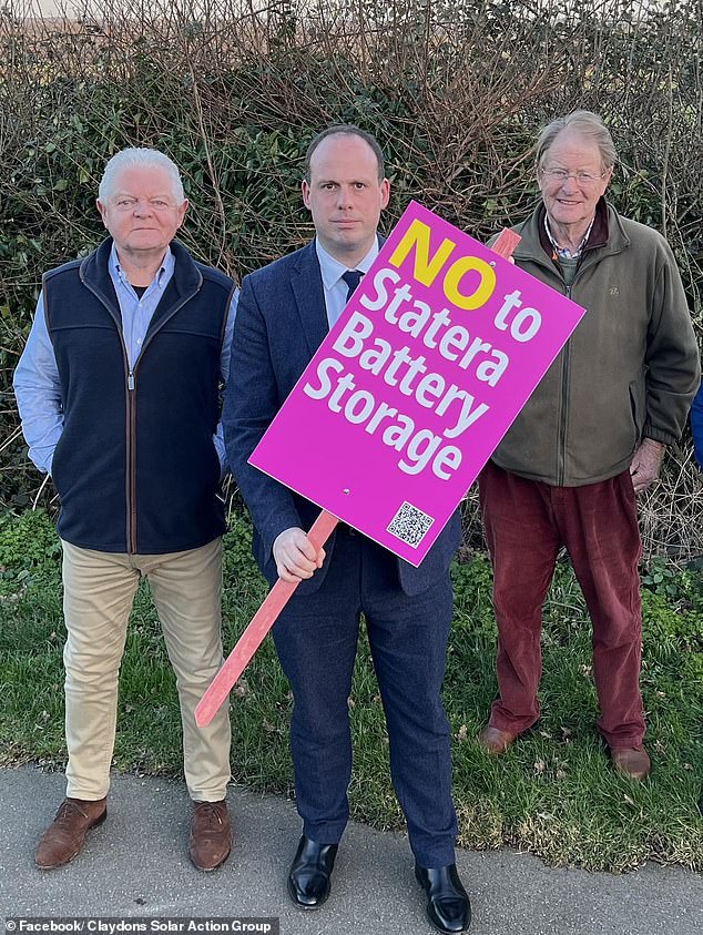 More than 200 residents have objected to Statera Energy's plans to build the 500 megawatt facility on fields at Rookery Farm.  Residents are pictured with MP Greg Smith