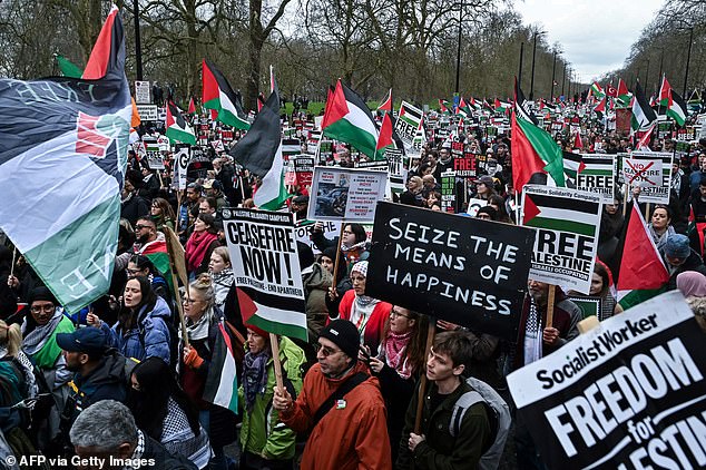 A mass of slogans and banners were seen along Park Lane, with demonstrators demanding an end to the siege of Gaza