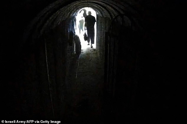 It was unclear from the footage (pictured above) where the tunnel was located, but in recent weeks the Israeli army has stormed Khan Yunis, the main city in southern Gaza and Sinwar's birthplace.