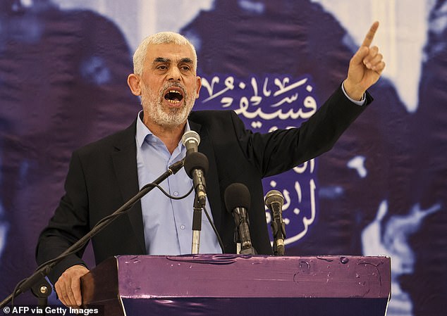 Head of the political wing of the Palestinian Hamas movement in the Gaza Strip Yahya Sinwar speaks during a rally in Gaza City on April 30, 2022