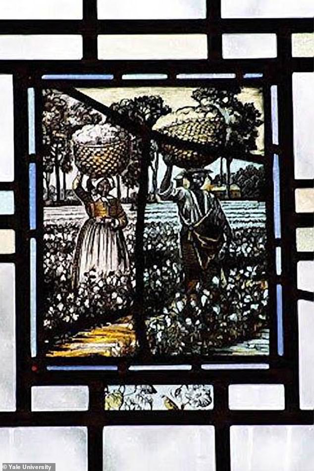 A stained glass window depicting slaves at the formerly known Calhoun College at Yale.  The college was renamed in 2017