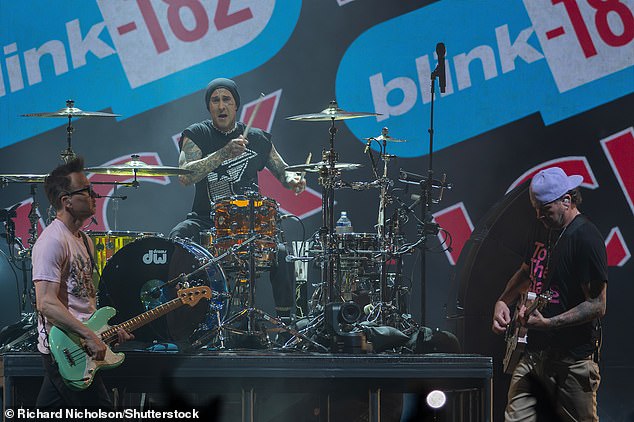 Kourtney went to see Travis and his bandmates Tom DeLonge and Mark Hoppus perform in Sydney this weekend before heading to Brisbane for the next set of shows