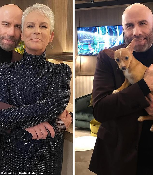 Jamie Lee also shared a side-by-side photo of them now and a photo of Travolta with a cute little dog