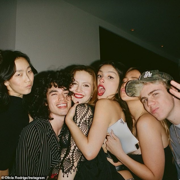 Olivia's other partygoers were Conan Gray (2-L), Tate McRae (2-R), Laroi (R) and FINNEAS