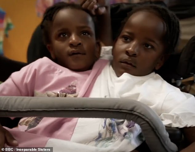 Marieme and Ndeye (recently pictured) were born in 2016 in Senegal, where doctors thought their best chance of survival was divorce.  The family contacted hospitals around the world - including in Belgium, Germany, Zimbabwe, Norway, Sweden and America - 'begging' for help, before choosing to bring the twins to London.