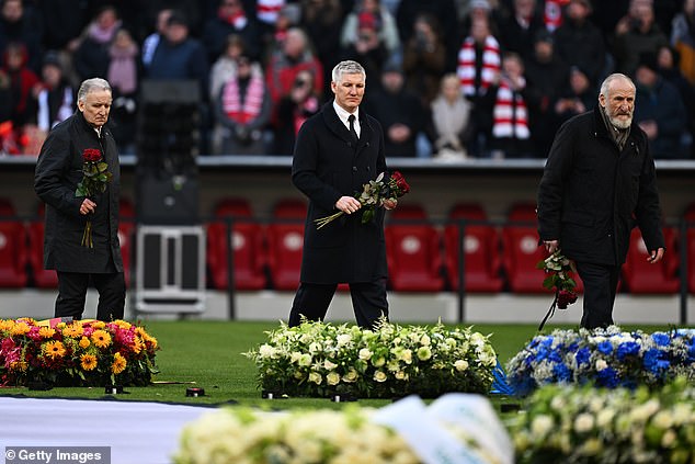 Brehme (left) was among the legends who paid floral tributes last month at the memorial service for Franz Beckenbauer at the Allianz Arena