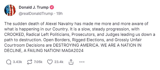 Trump's bizarre message comparing his legal troubles to Navalny's death has been roundly criticized