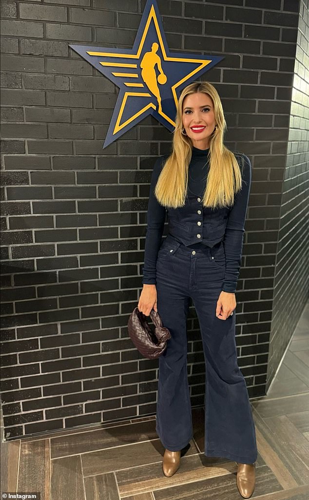 Ivanka showed her allegiance to the Orient in a navy blue monochrome outfit, which she paired with a $2,650 Bottega Veneta Jodie mini handbag to match her brown boots