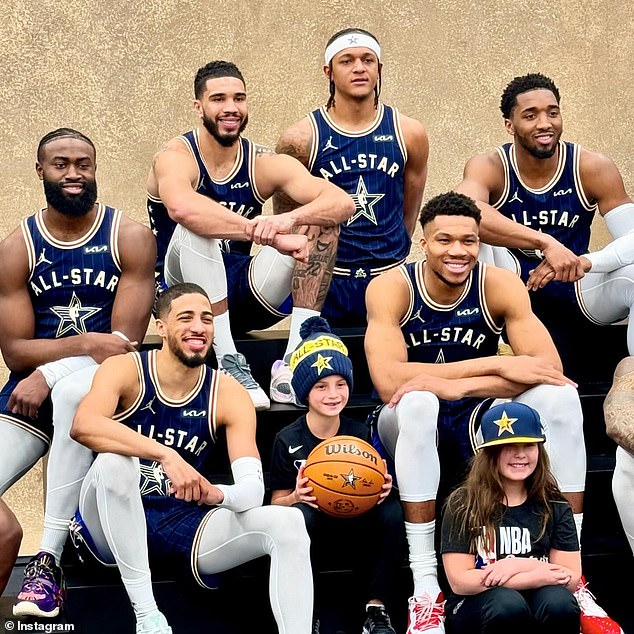 Ivanka proudly shared photos with each team of her son Theodore posing for photos.  He was caught between NBA stars Tyrese Haliburton and Giannis Antetokounmpo in one snap