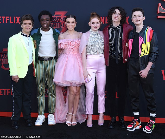 Sadie Sink (third from right) joined the four boys in season two as Maxine 'Max' Mayfield and they are all reportedly taking home $7 million (£5.5 million) except Millie who is on her own level