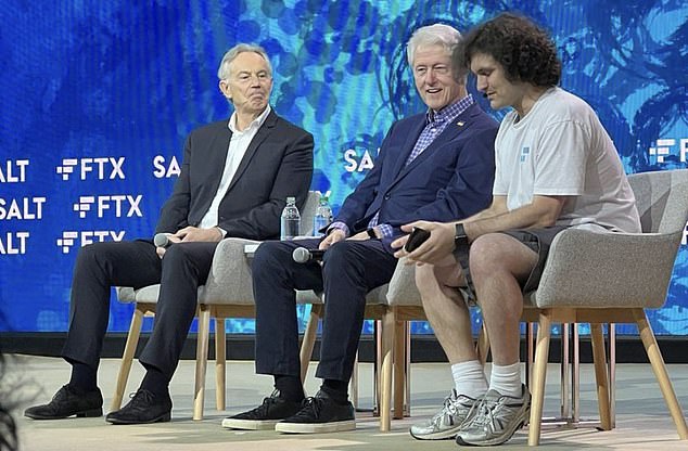 Former US President Bill Clinton, former British Prime Minister Tony Blair and Bankman-Fried pictured during a panel discussion in May 2022