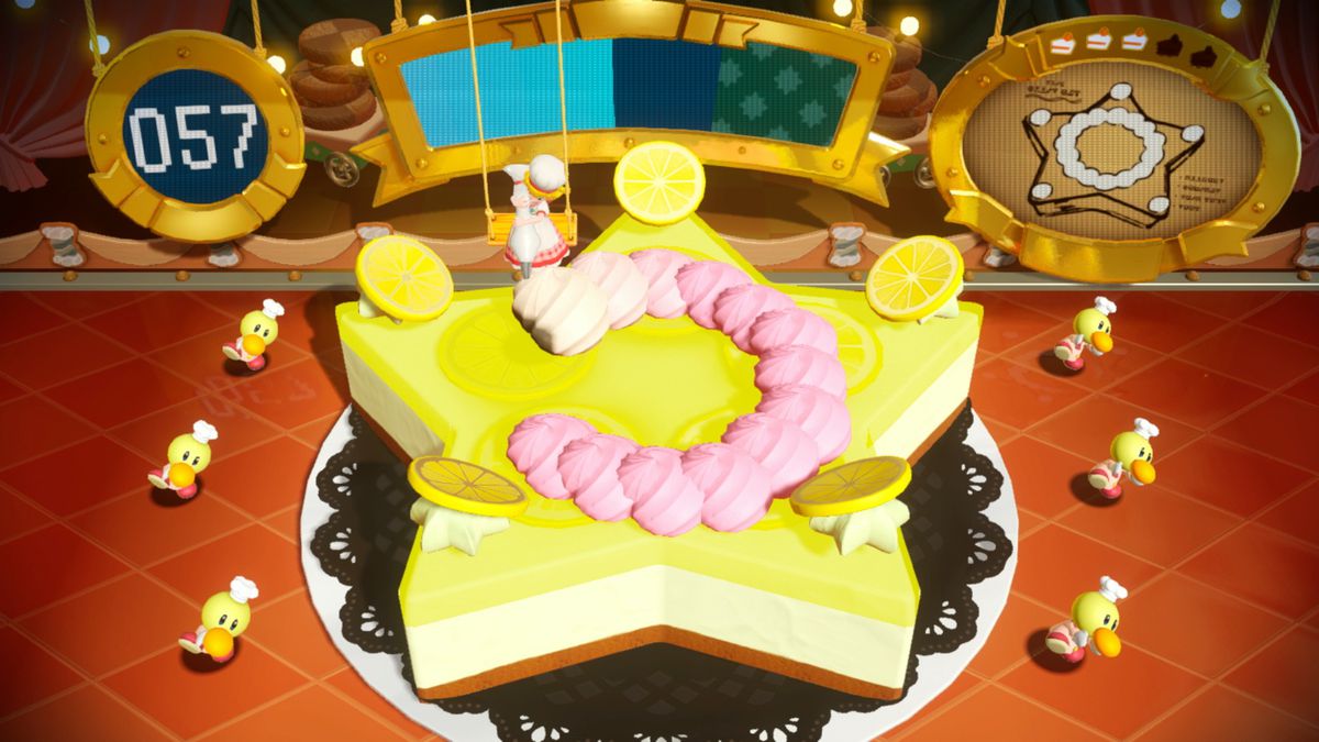 Patisserie Peach decorates a giant pastry surrounded by baker Theets in a screenshot from Princess Peach: Showtime!