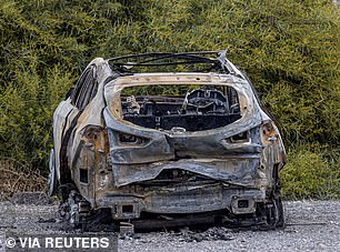 A burnt-out car allegedly used by the perpetrators of the murder of Russian pilot Maxim Kuzminov to escape is parked outside the Spanish Guardia Civil barracks, in El Campello, Spain