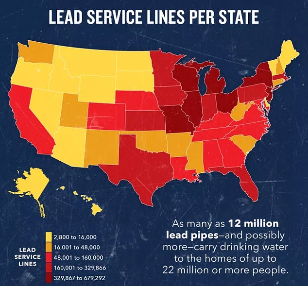 Although new lead pipes have been banned, there are still between nine and thirteen million pipes in buildings across the country.  Map courtesy of the NRDC