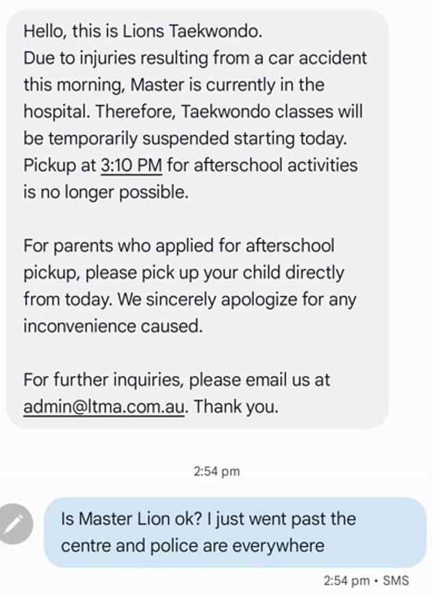 Shocked parents exclusively revealed to Daily Mail Australia how they received a 'weird text' from the Lion's Taekwondo studio on Tuesday morning