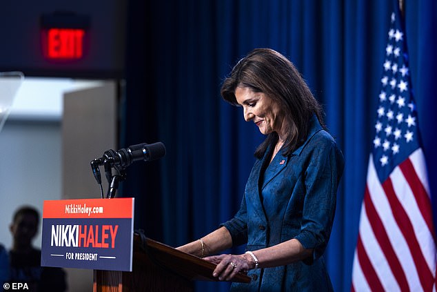 Haley pauses to regain her composure as she speaks about her husband's military deployment during her 