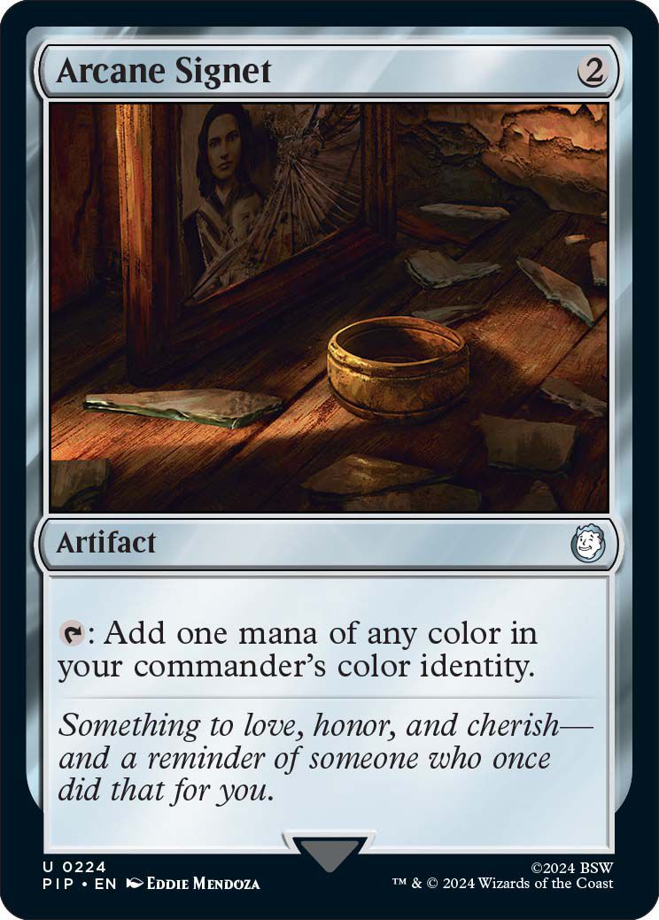 Arcane Signet is an artifact that, when tapped, produces a man of a color that matches your commander.