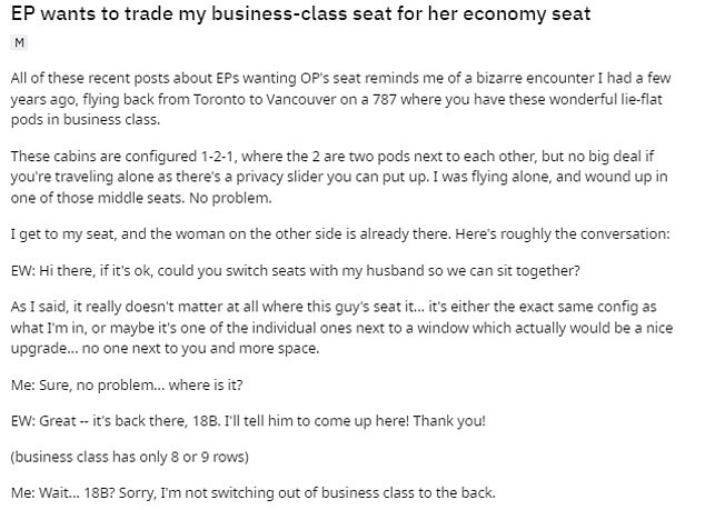 The stunned traveler told the story on Reddit, saying the incident happened during a five-hour flight on a Boeing 787 Dreamliner from Toronto to Vancouver.