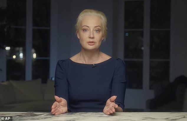 In this image, taken from a video released by the Navalny Team on Monday, February 19, 2024, Yulia Navalnaya, widow of Russian opposition leader Alexei Navalny, gives a video message calling on Russian citizens to join her in the fight against Putin