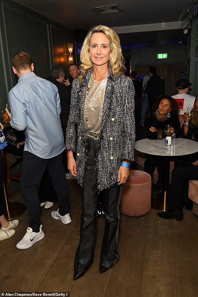 Lady Victoria Hervey wore a bouclé blazer and shiny trousers