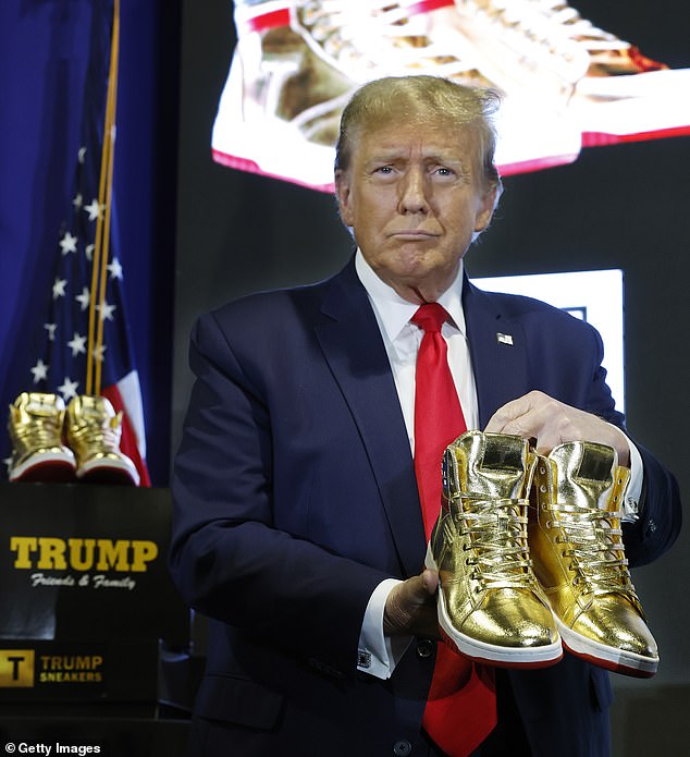 Donald Trump unveiled a gold pair of Never Surrender High-Top Sneakers at Sneaker Con Philadelphia this weekend, retailing online for $399