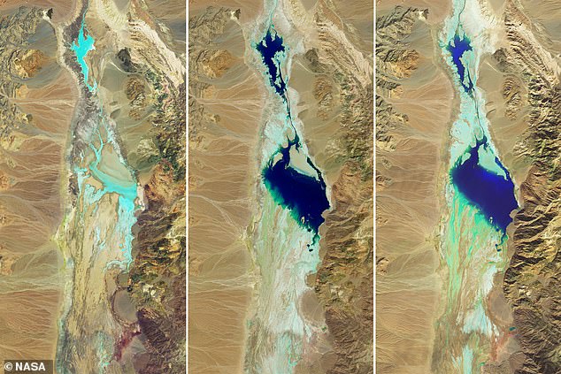 Images released by NASA, which have false colors to 'emphasize the presence of water in shades of blue', show the transformation of the area between July 5, 2023 and February 14, 2024