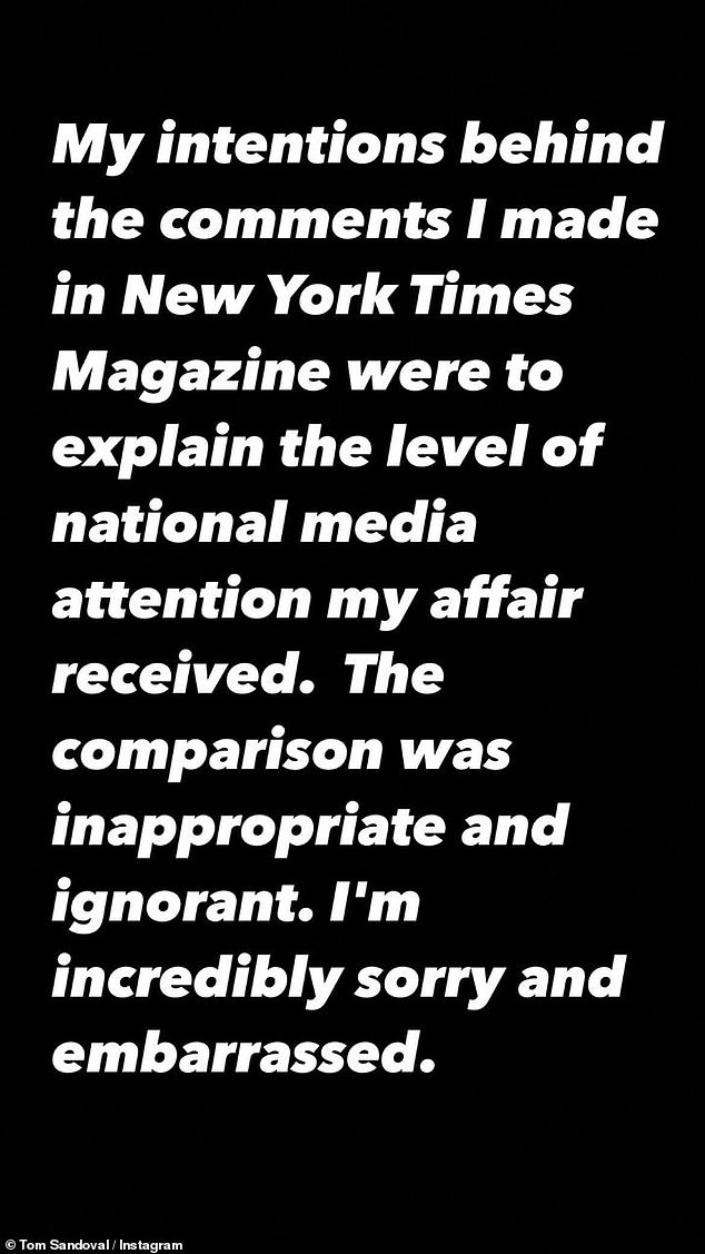 “My intentions behind the comments I made in New York Times Magazine were to explain the amount of national media attention my affair received.  The comparison was inappropriate and ignorant.  “I am incredibly sorry and ashamed,” the statement read