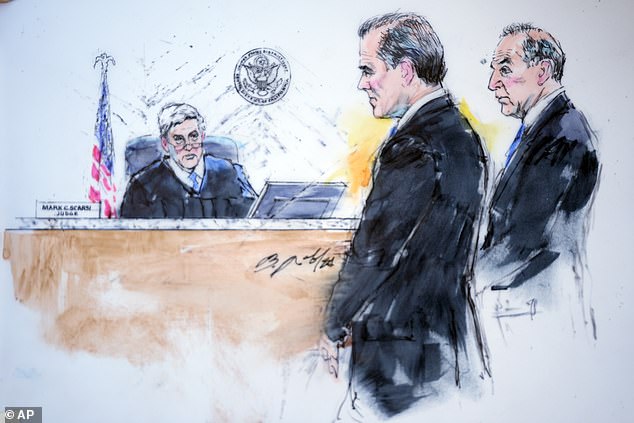 In this courtroom sketch, Hunter Biden, son of President Joe Biden, center, next to attorney Abbe Lowell, right, appears before Judge Mark C. Scarsi, left, in federal court, Thursday, Jan. 11, 2024, in Los Angeles.  Biden pleaded not guilty to federal tax charges