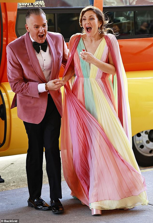 The longtime actress looked adorable in a multi-colored pleated pastel dress while filming her eponymous talk show in New York City