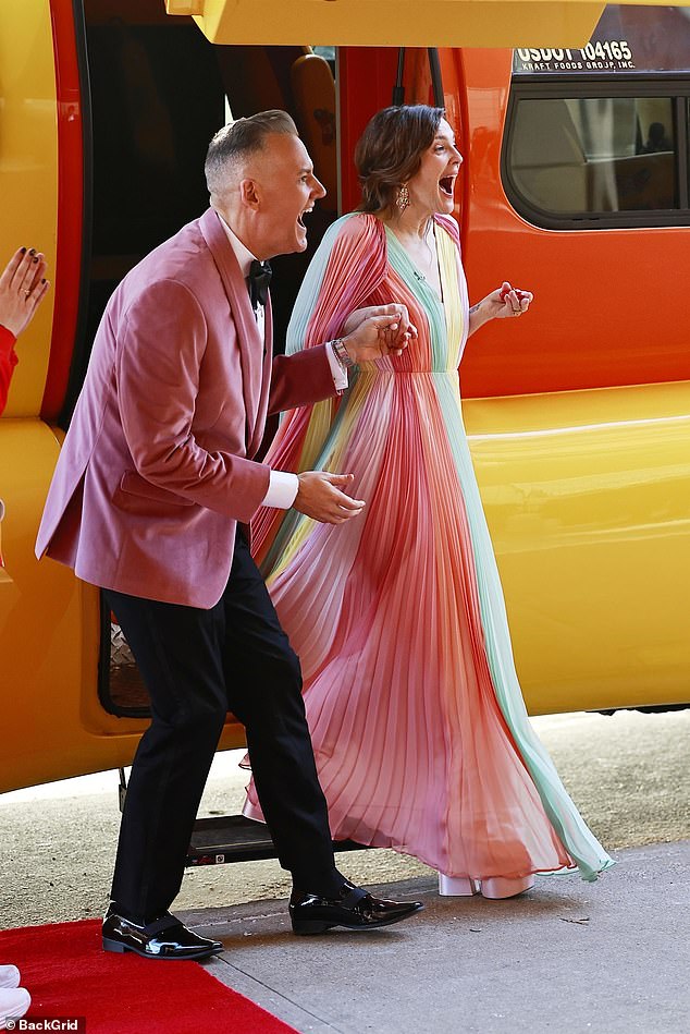 Barrymore was seen leaving the hot dog-inspired vehicle with a big grin on her face