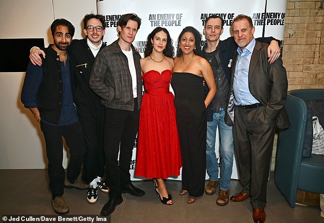 (L to R) Cast members Shubham Saraf, Zachary Hart, Matt Smith, Jessica Brown Findlay, Priyanga Burford, Paul Hilton and Nigel Lindsay